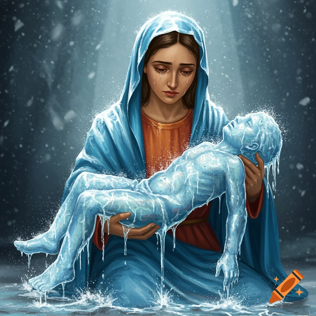 A woman resembling Mother Mary in blue robes holds a melting ice figure of a child. Water drips and splashes around them.