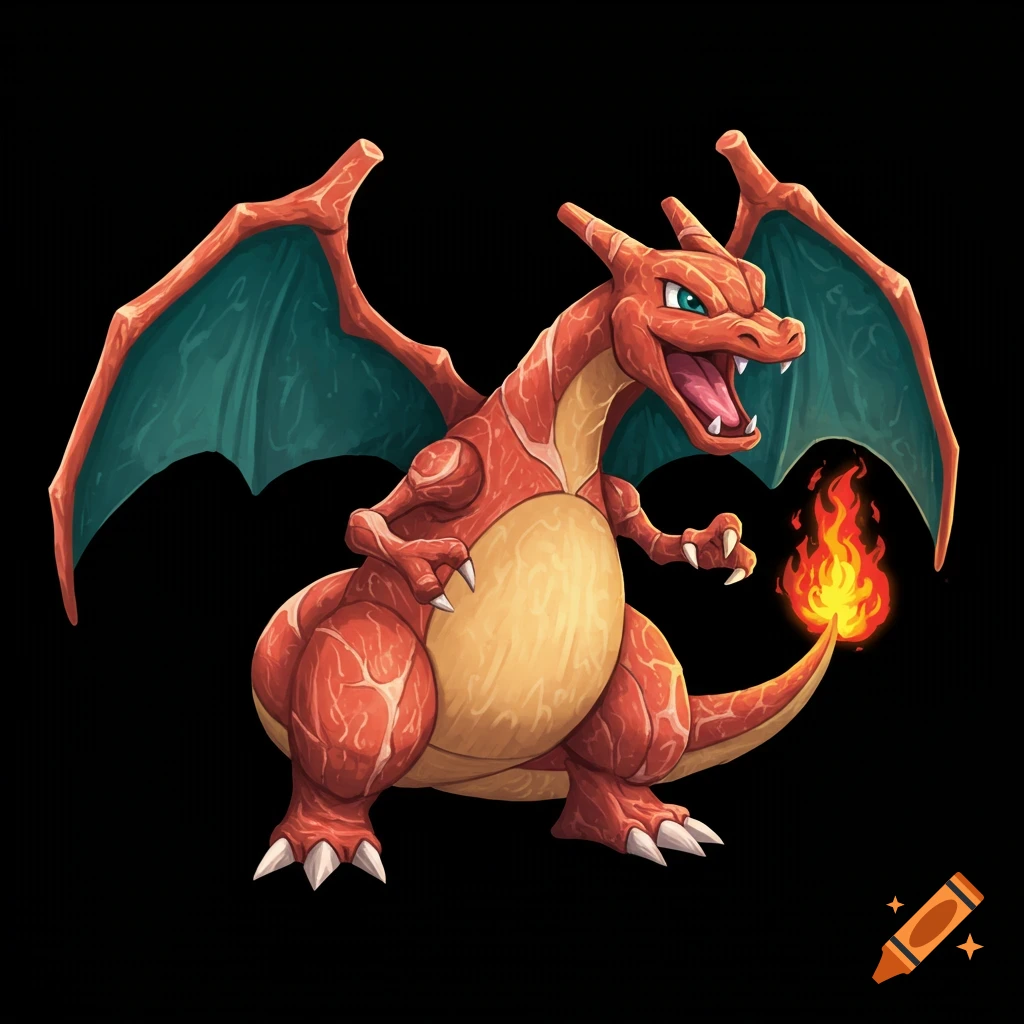 Charizard made of beef on a black background.