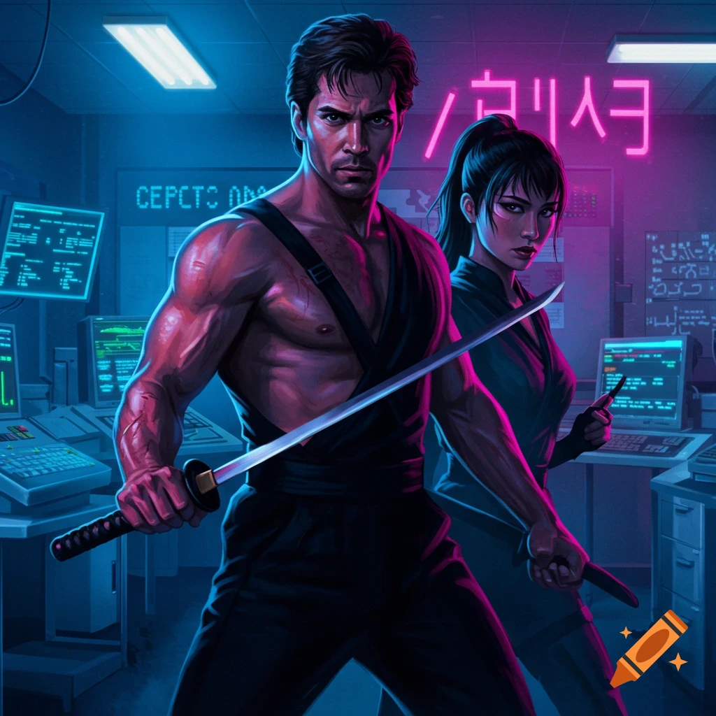 80s action movie poster with man, woman, ninja, hospital beds, and computers