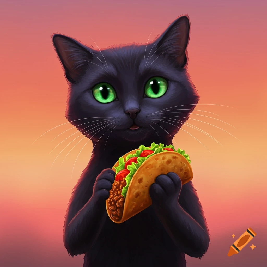 An illustration of a black cat with green eyes holding a taco.