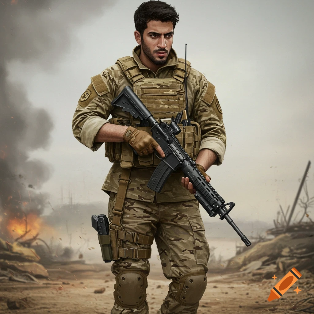 A soldier stands holding a rifle in a warzone.