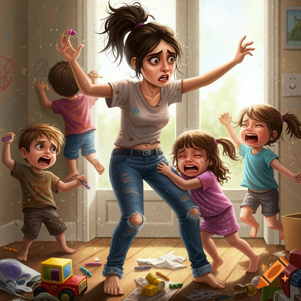 An illustration shows a stressed mother overwhelmed by crying children drawing on the walls in a messy room.