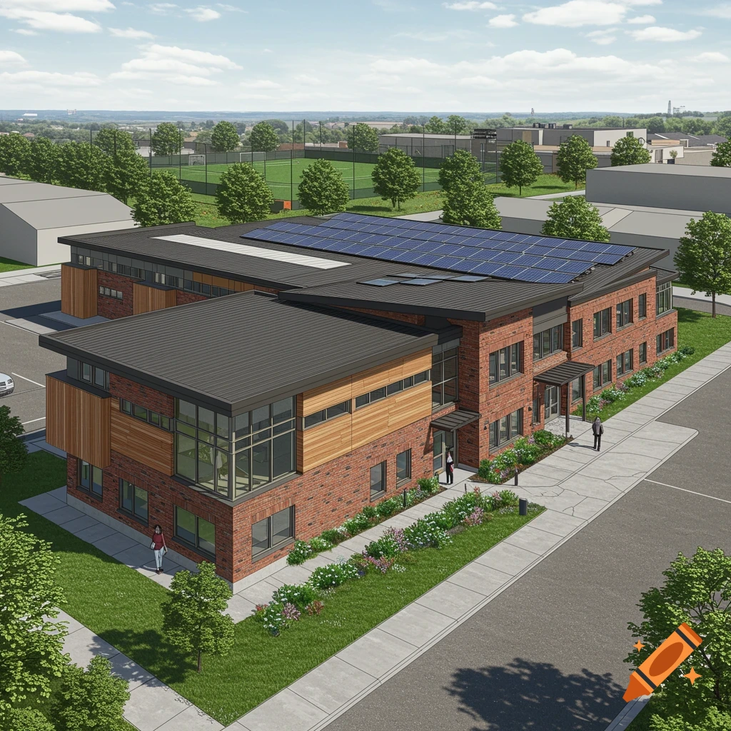 Modern sustainable community building in Belleville, Ontario with brick, glass, and solar panels