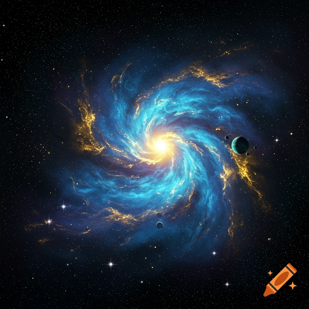 A vibrant blue and gold spiral galaxy with planets and stars.