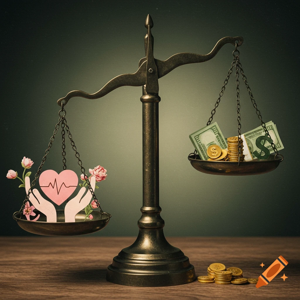 A balance scale weighing a heart and flowers against money and coins. Still life style.