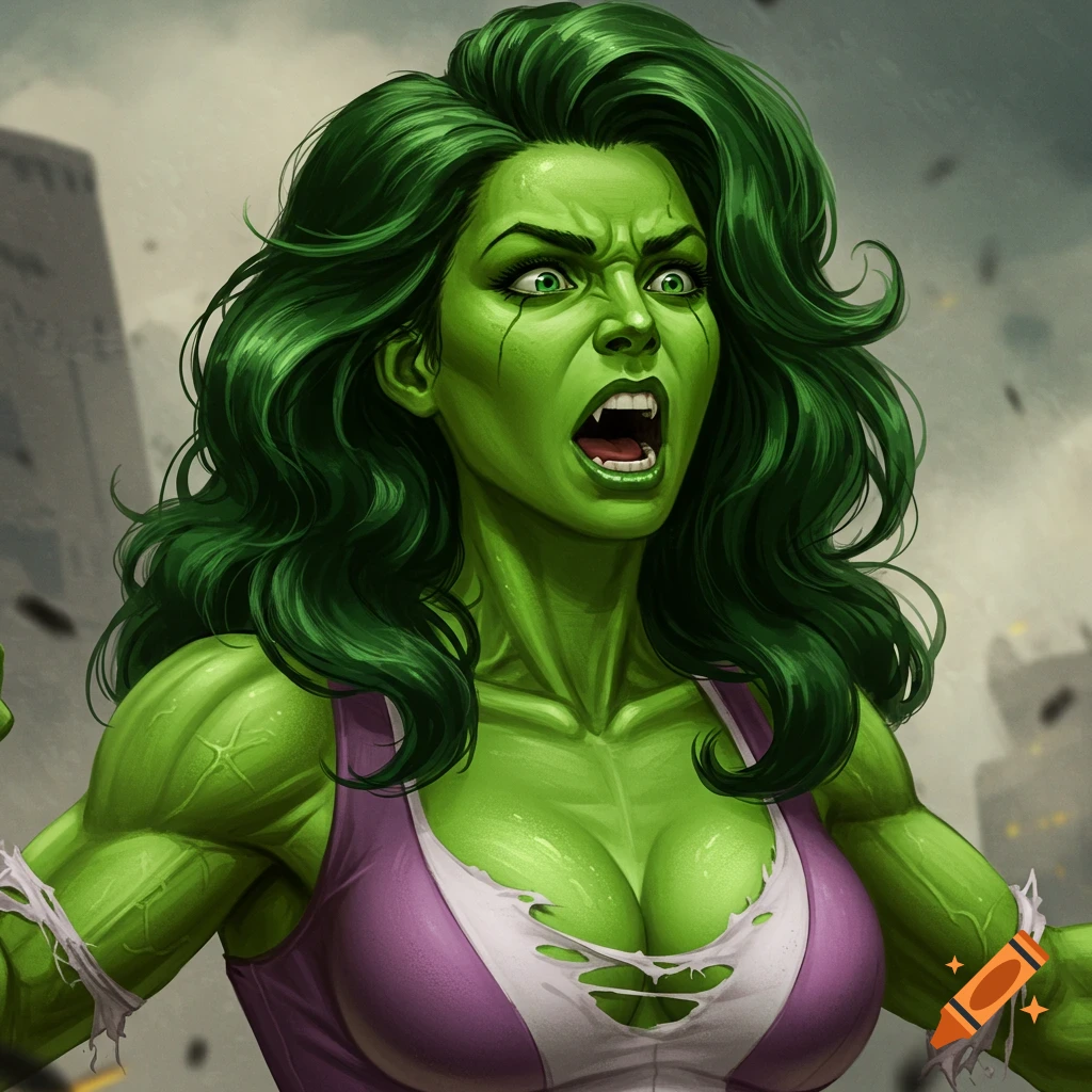 Realistic illustration of She-Hulk roaring in a ripped shirt against a damaged city background.