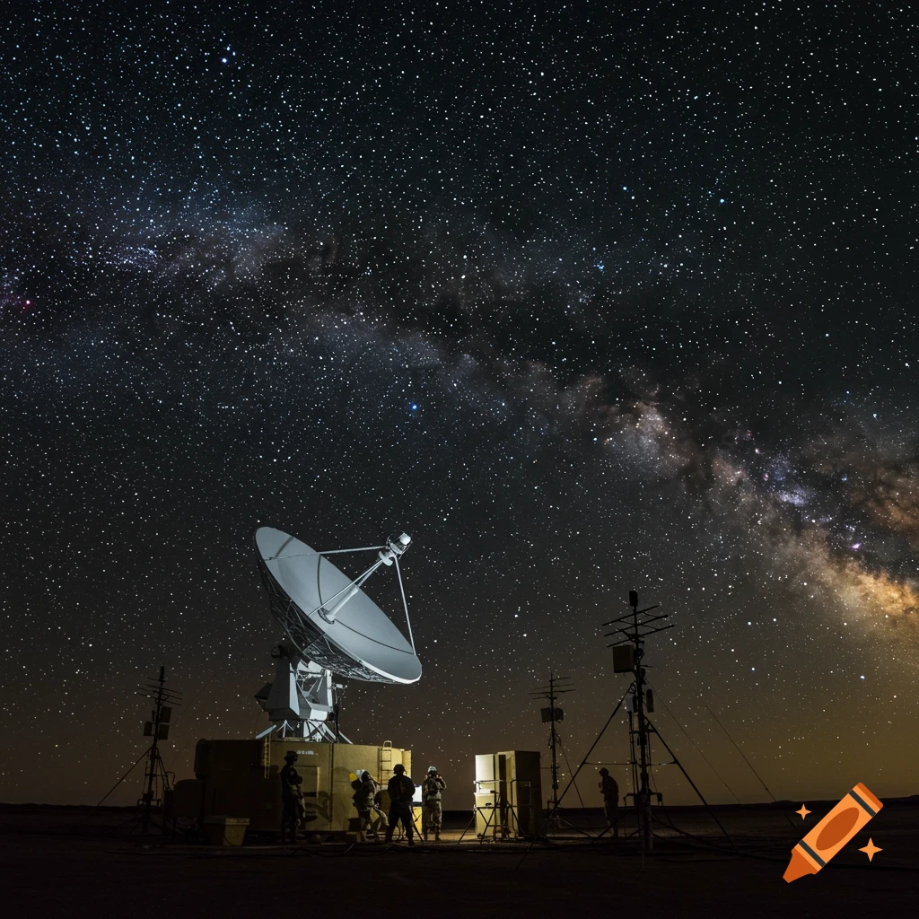 Satellite dish and soldiers under a starry night sky with the Milky Way visible.