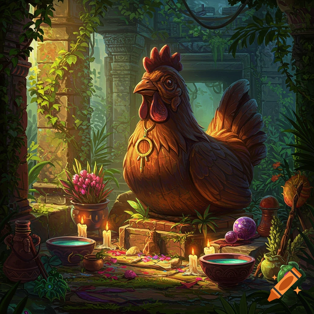 Large wooden chicken statue in jungle temple ruins with candles and bowls in a fantasy illustration style.
