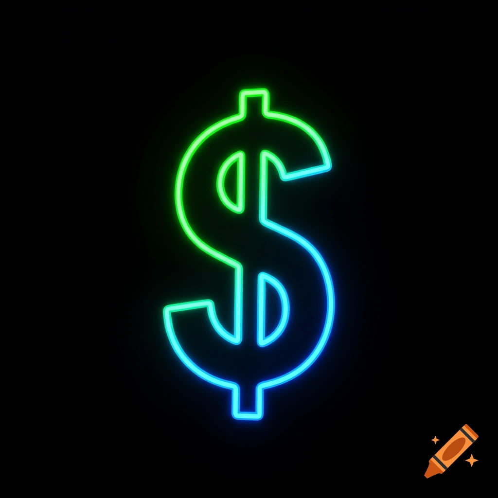 Neon green and blue dollar sign on a black background