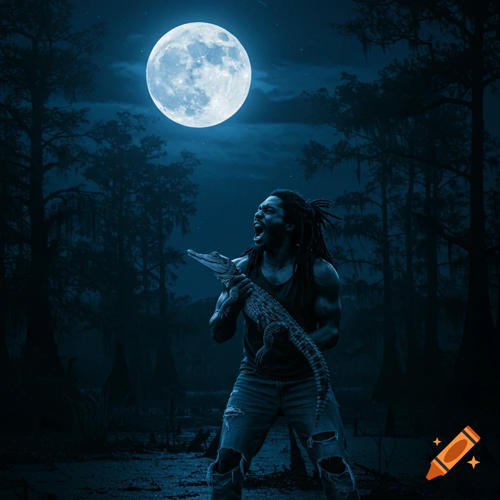 Black man with dreads holding a baby crocodile yelling at a full moon