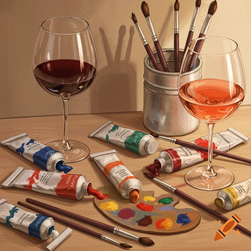 Still life illustration of wine glasses, paint tubes, brushes, and a palette.