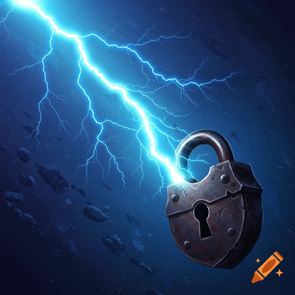 A dramatic digital art image of a rusty lock being struck by a powerful blue lightning bolt.