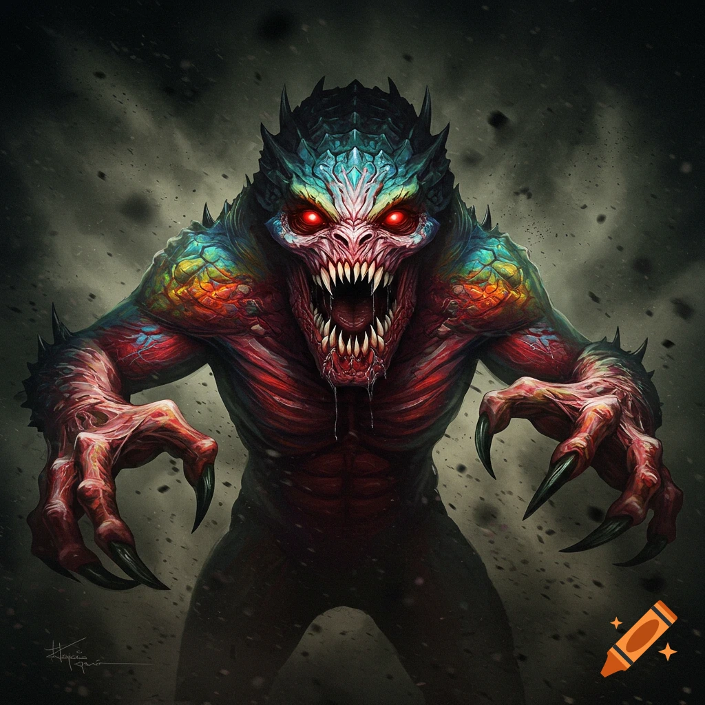 A terrifying monster with glowing red eyes, sharp teeth, and claws stands in the darkness.