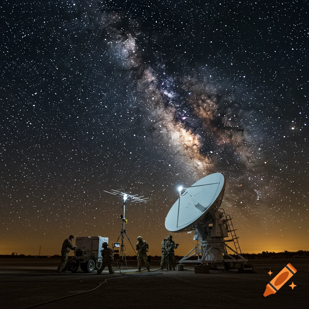 Soldiers operate a satellite dish under a starry night sky showing the Milky Way.