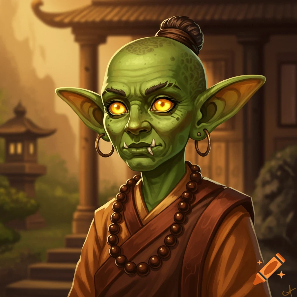 A female goblin character with glowing eyes in monk robes and prayer beads stands in front of a temple.