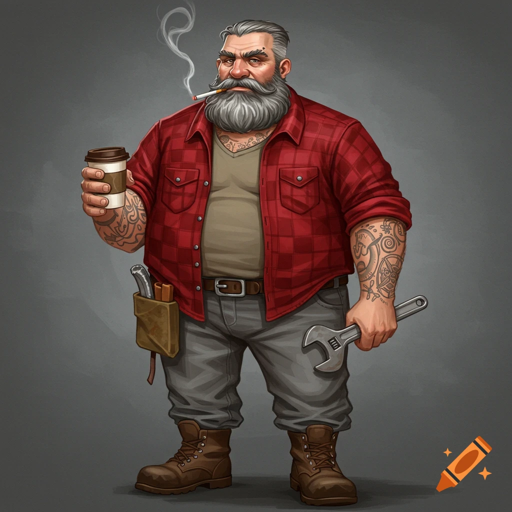 Stylized illustration of a bearded man in red flannel holding a coffee cup and wrench, with a cigarette.