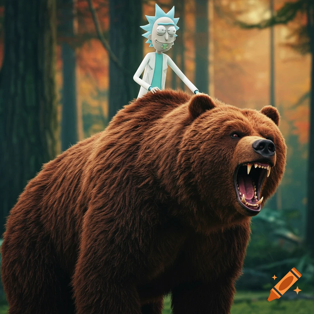 Rick Sanchez rides a roaring brown bear through a forest