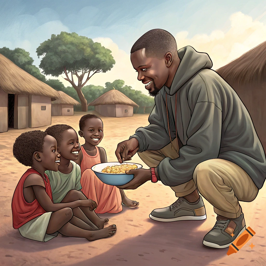 A man kneels and feeds children from a bowl in a village setting.