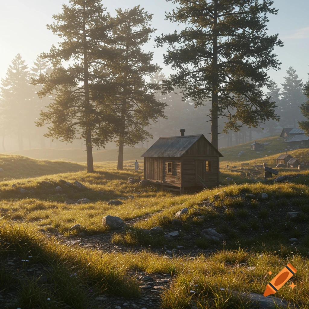A wooden cabin in a misty forest clearing at sunrise.