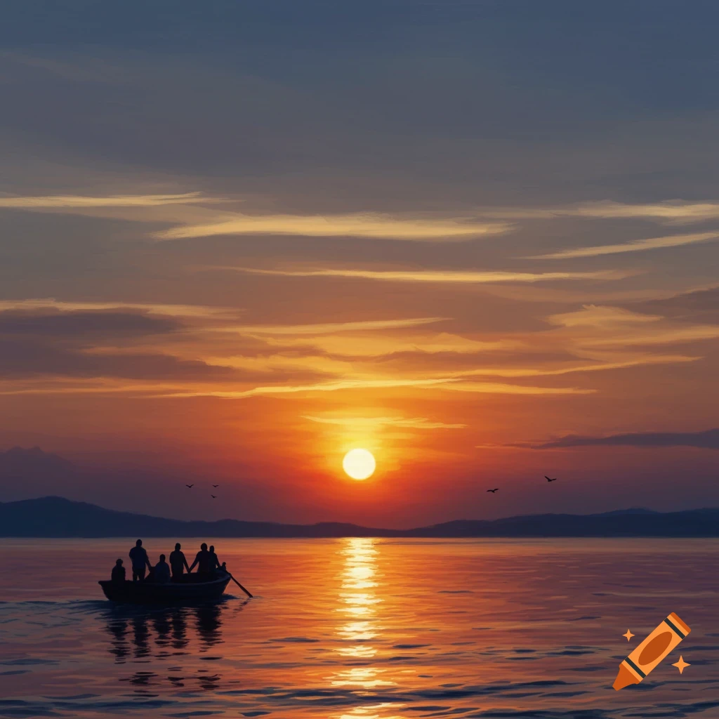 A boat with people silhouetted against a vibrant sunset over water, in a painterly style.
