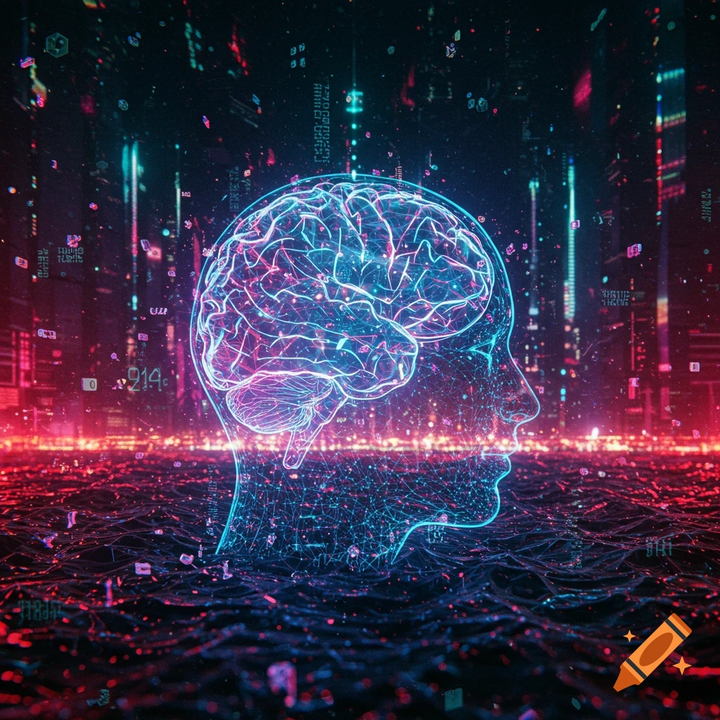 Neon outline of a human head and brain in a futuristic, digital cityscape.