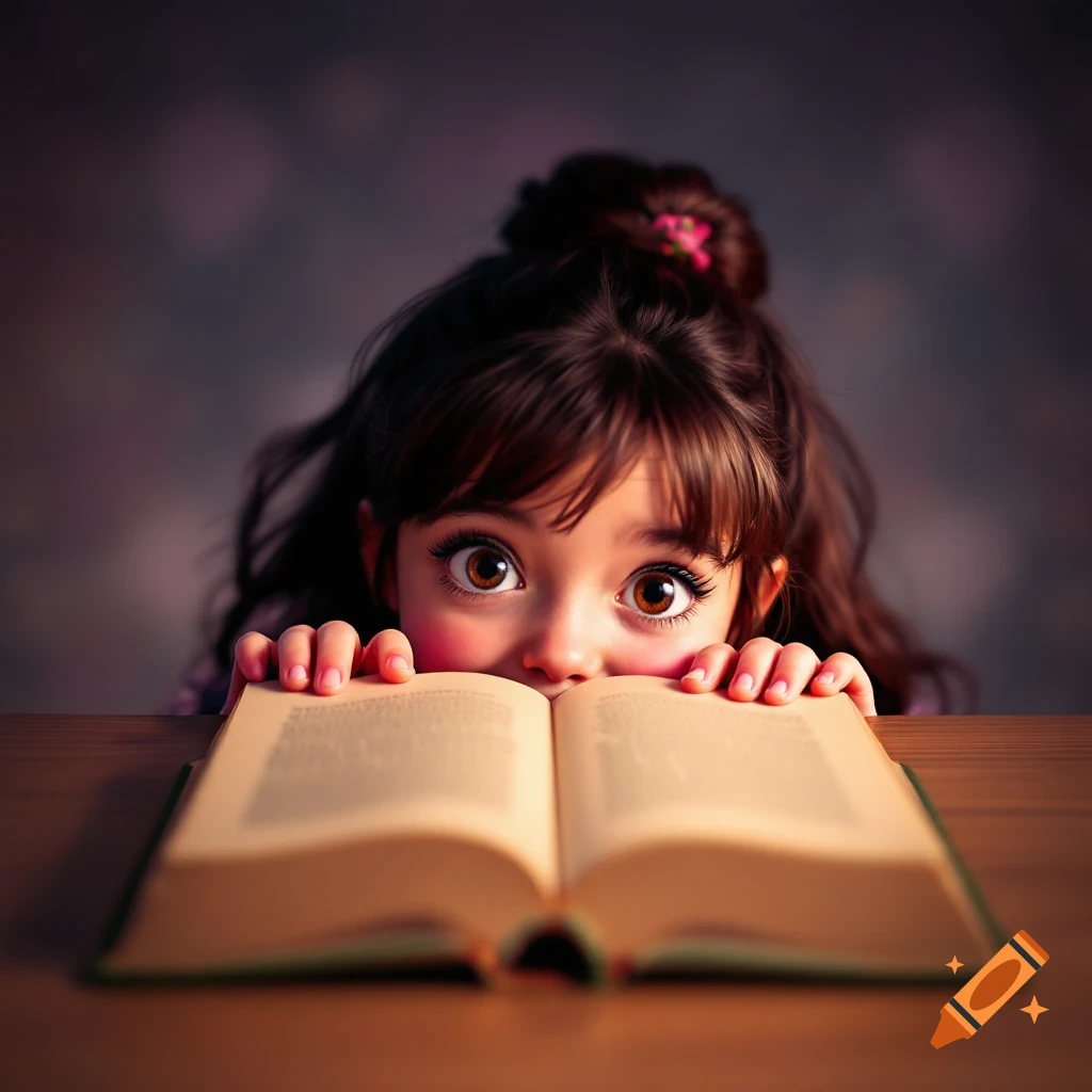 Young girl with big eyes peeking over an open book on a table.