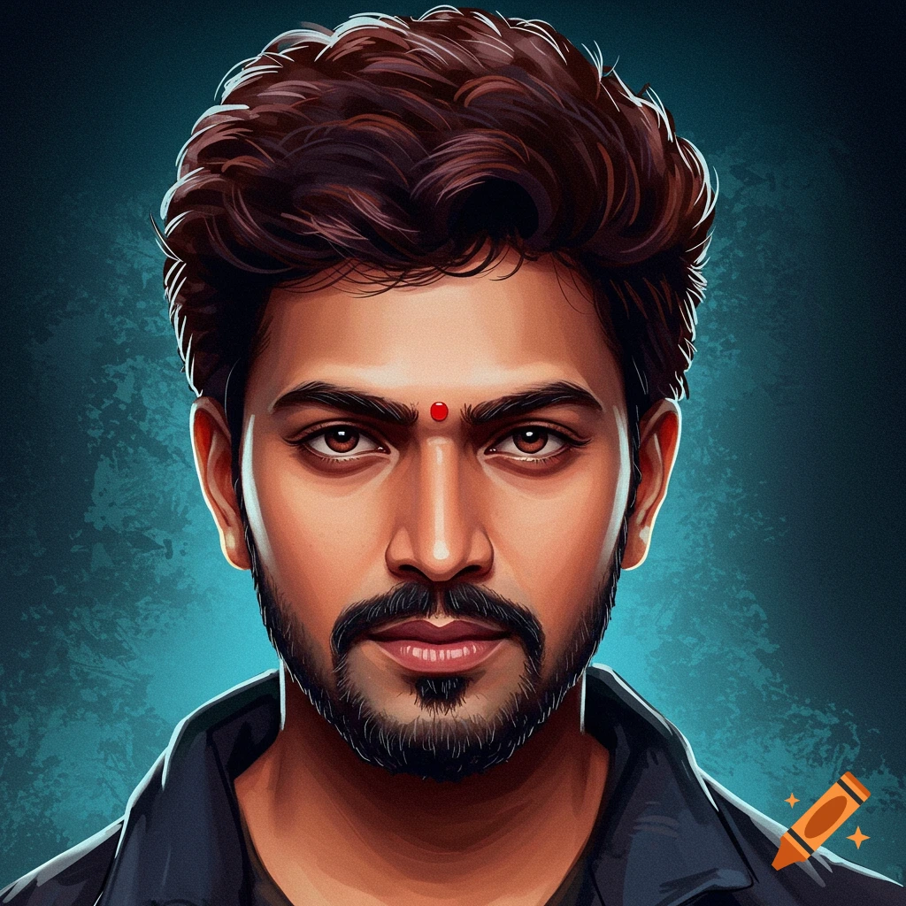 Stylized portrait illustration of a man with dark hair, beard, and a red bindi, against a textured dark blue background.