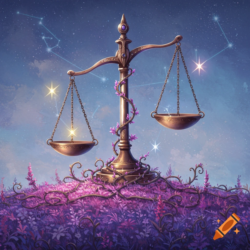 A fantasy art depiction of a bronze Libra scale adorned with purple vines, rising from a field of purple flowers under a starry night sky.