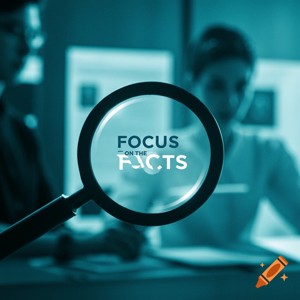 A magnifying glass highlights the words 'FOCUS ON THE FACTS' against a blurred background of people in an office.