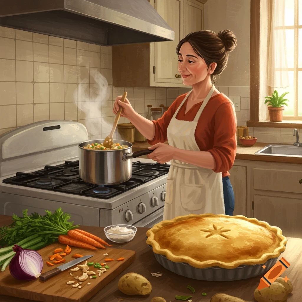 A woman stirs a pot on a stove in a kitchen, with vegetables and a cooked pie on the counter.
