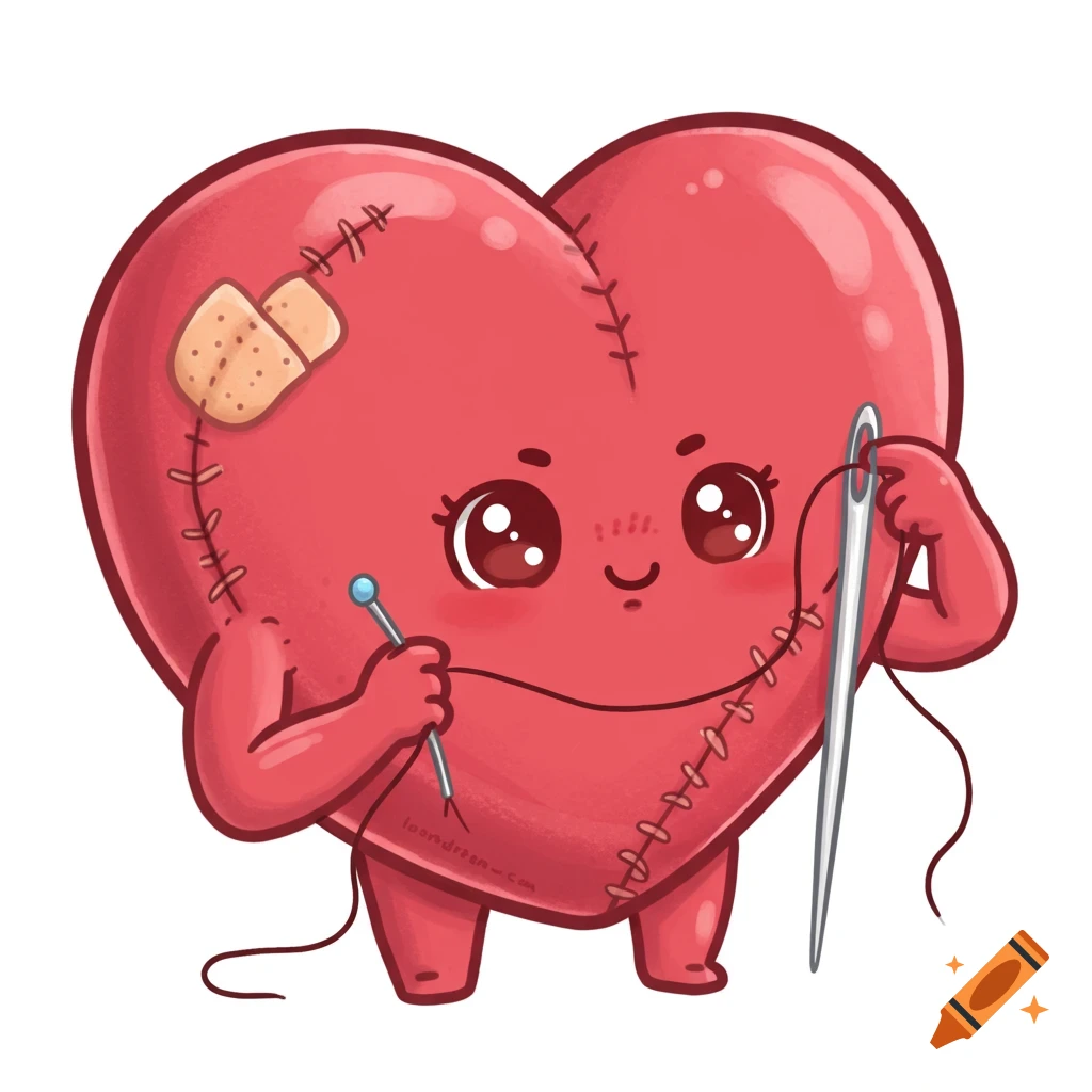 A cute cartoon heart with stitches and a bandaid sews itself up with a needle and thread.