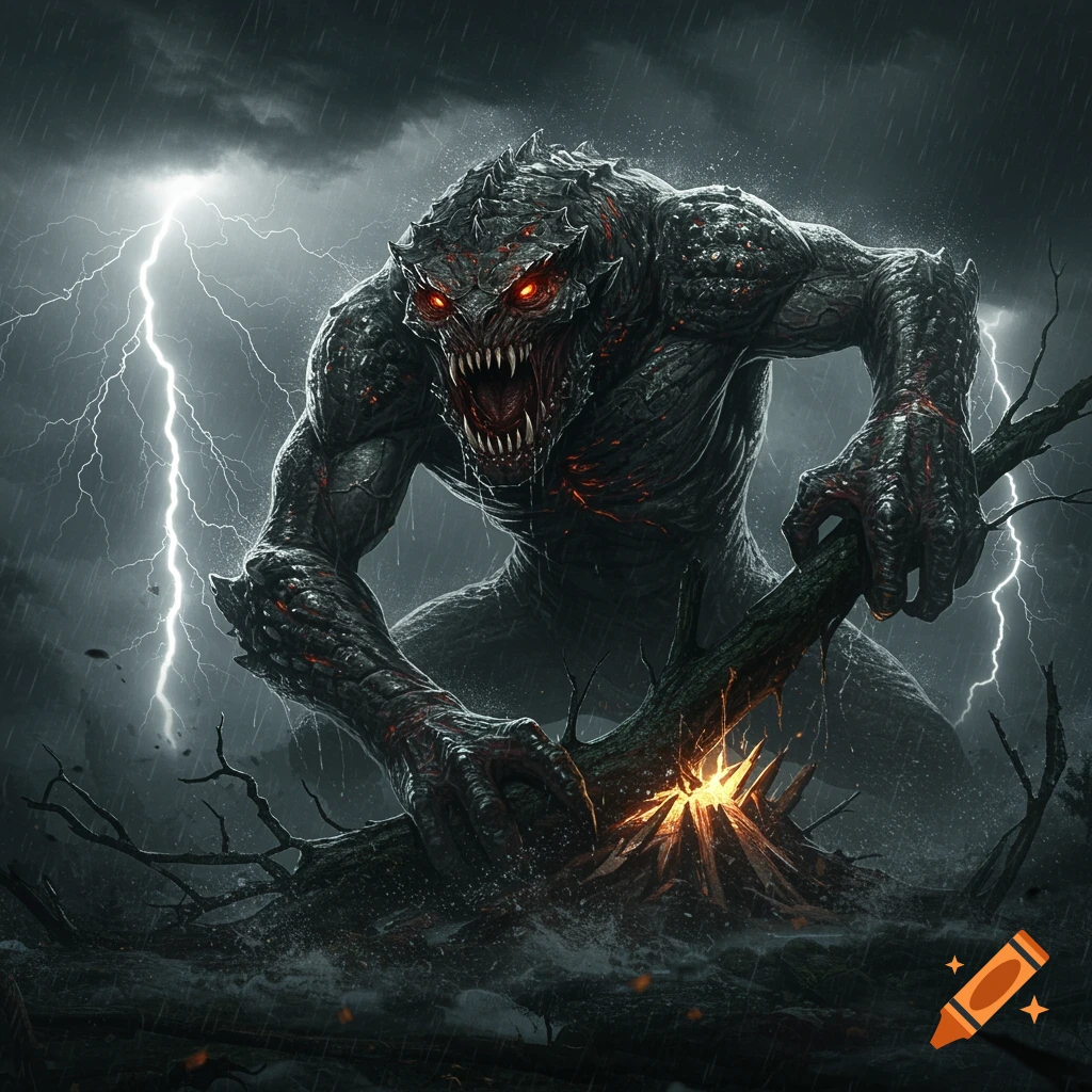 Dark fantasy monster with red eyes in a stormy forest, breaking a branch with lightning behind it.