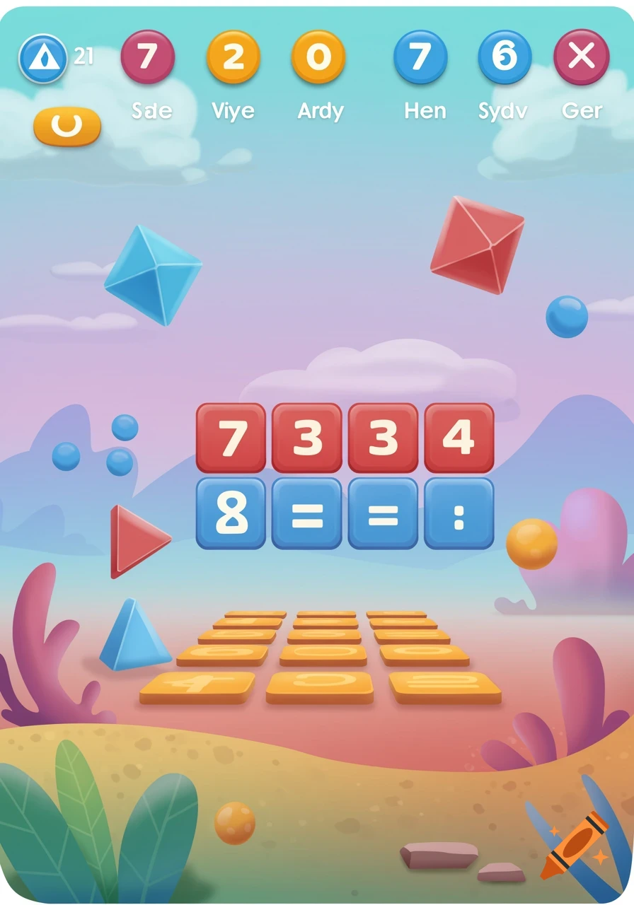 Colorful game interface with numbers, math symbols, geometric shapes, and a stylized landscape.