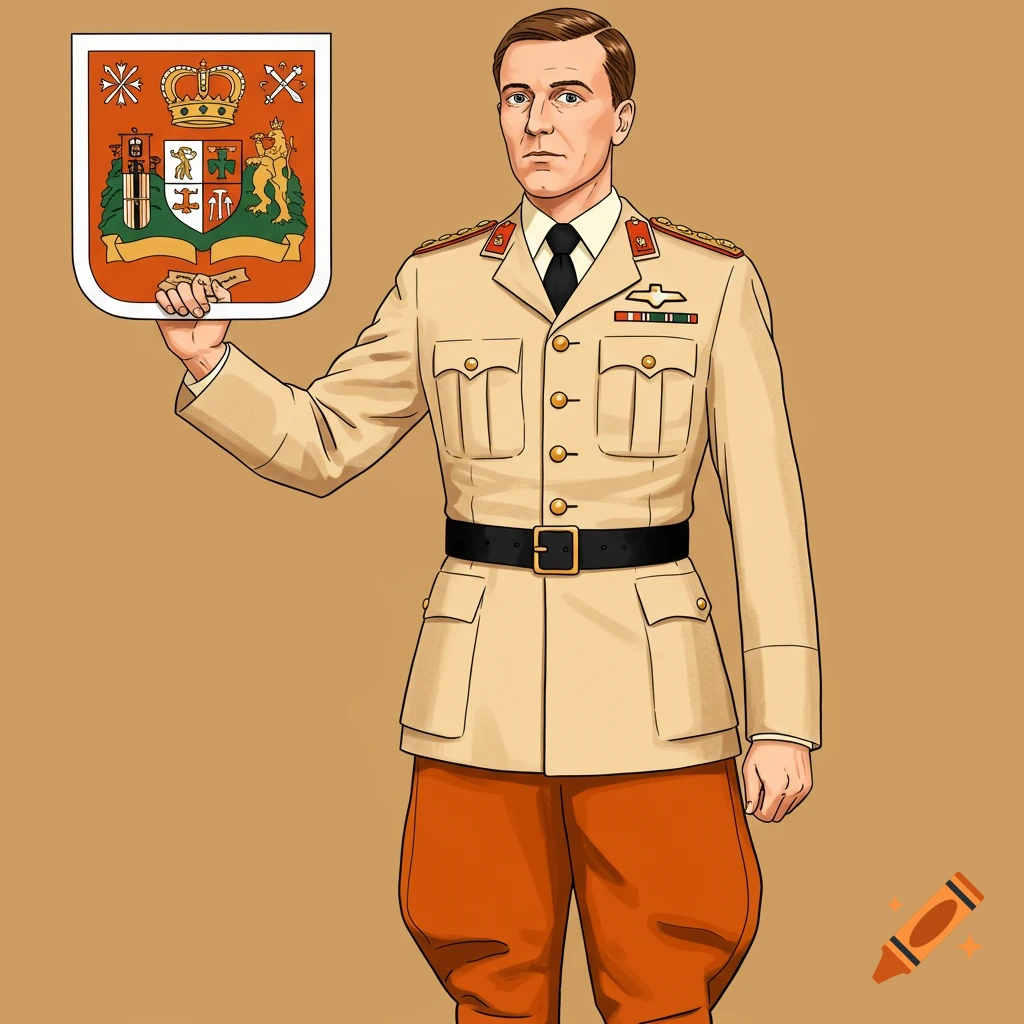 A man in a cream uniform holds a crest.