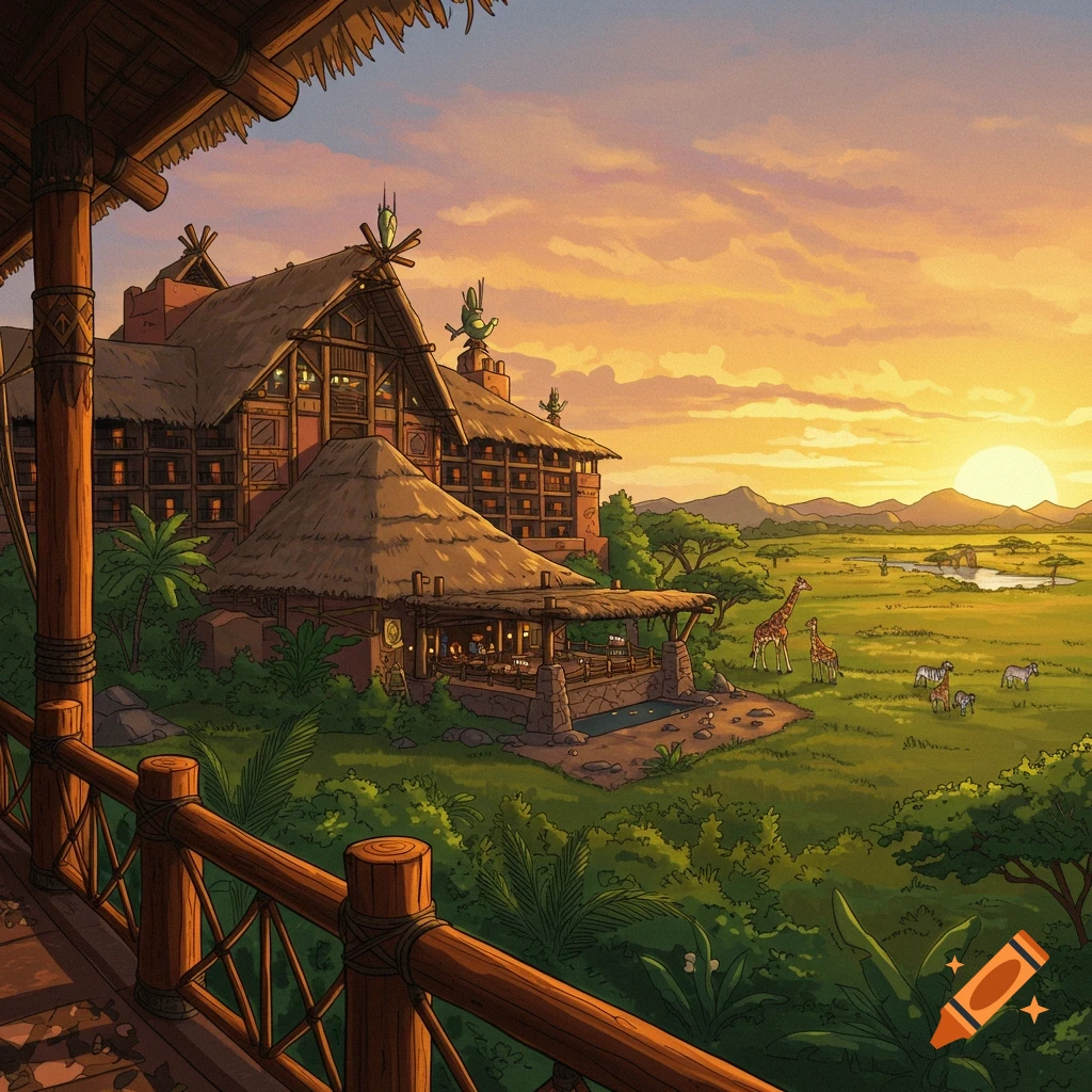 Stylized illustration of a large lodge overlooking a savanna with giraffes and zebras at sunset.