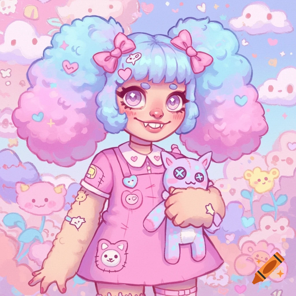 An anime illustration of a girl with pastel hair holding a stuffed cat.