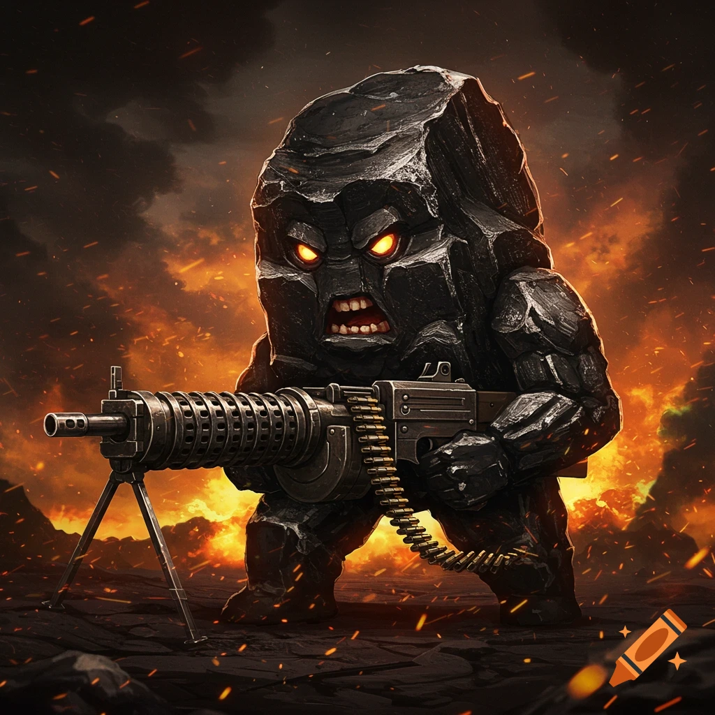 A rock monster with glowing eyes holds a large machine gun in a fiery landscape.