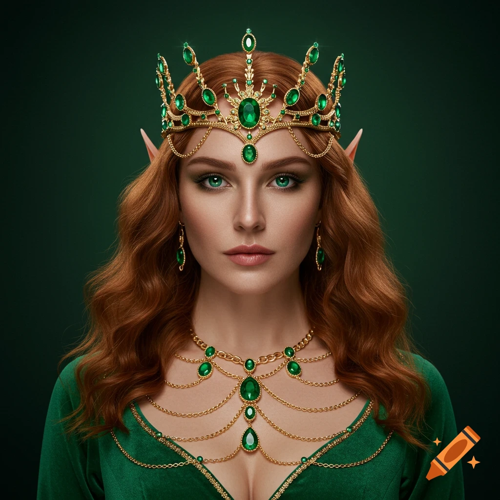 Portrait of an elf queen with auburn hair, wearing a green dress and ornate emerald crown, necklace, and earrings.