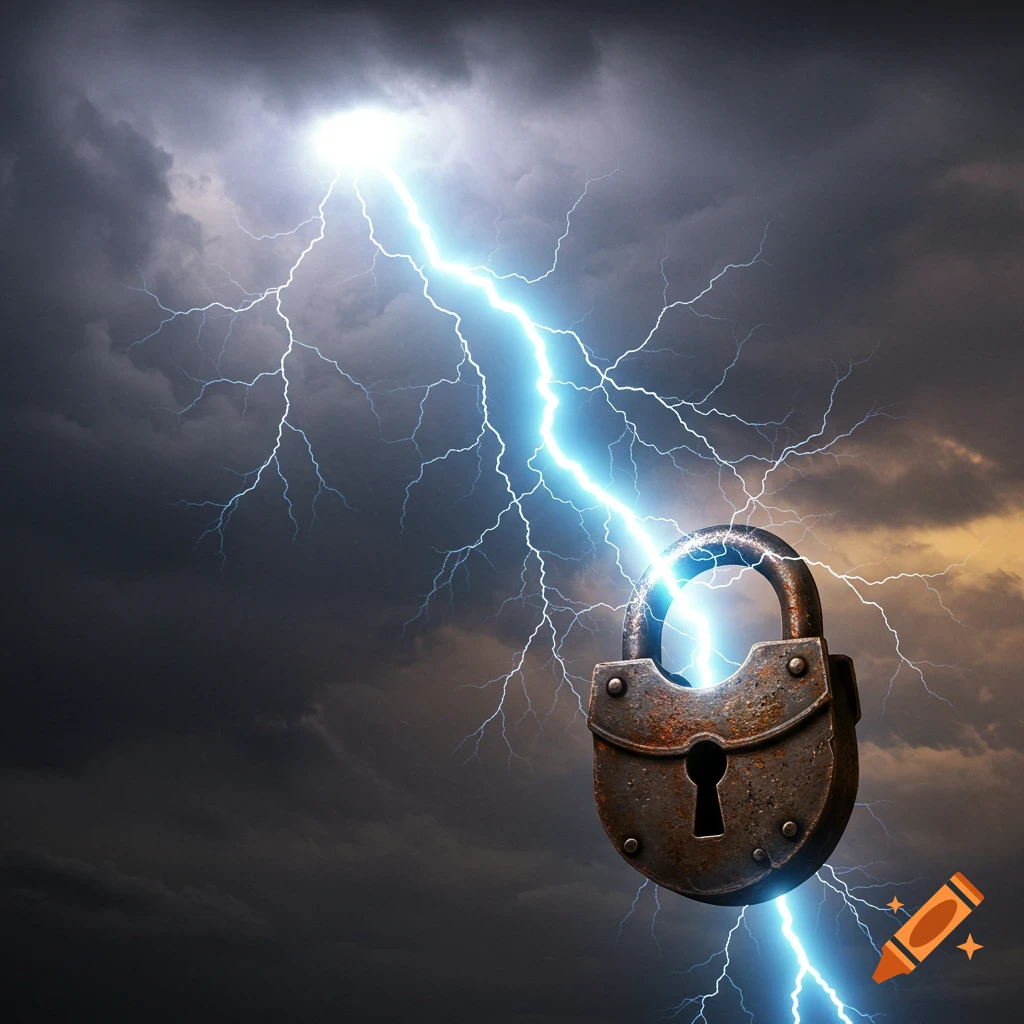 A rusty padlock is struck by a bright lightning bolt against a dark stormy sky. Photorealistic style.
