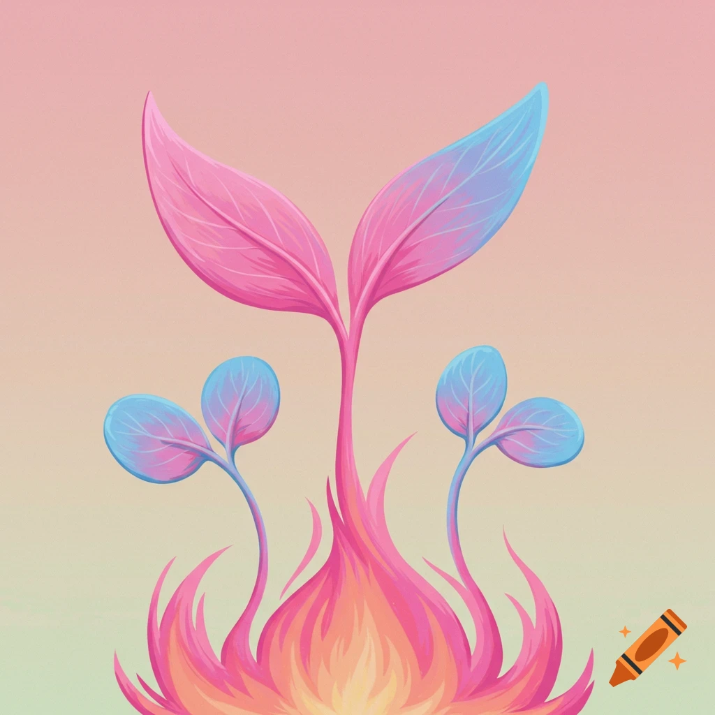 Stylized pink and blue plant sprouts grow from a colorful flame.