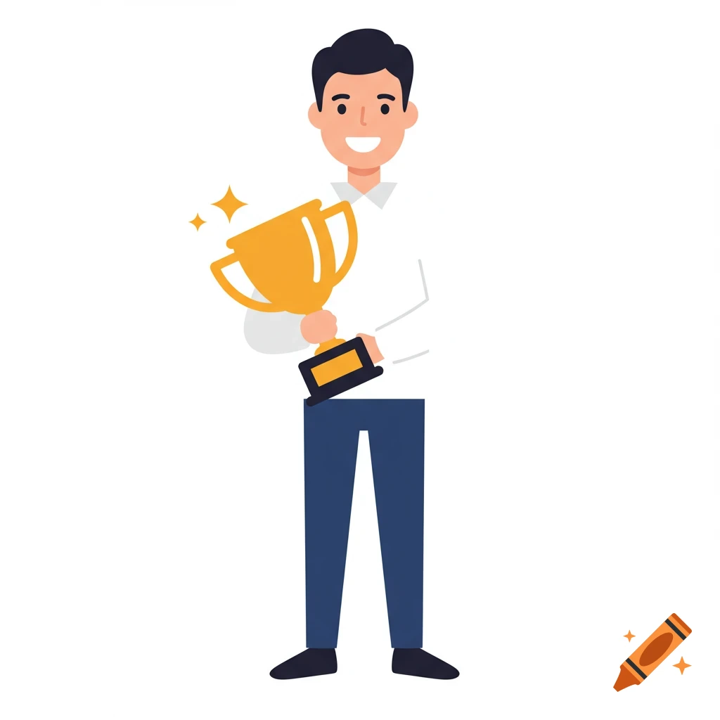 Illustration of a person holding a golden trophy and smiling.