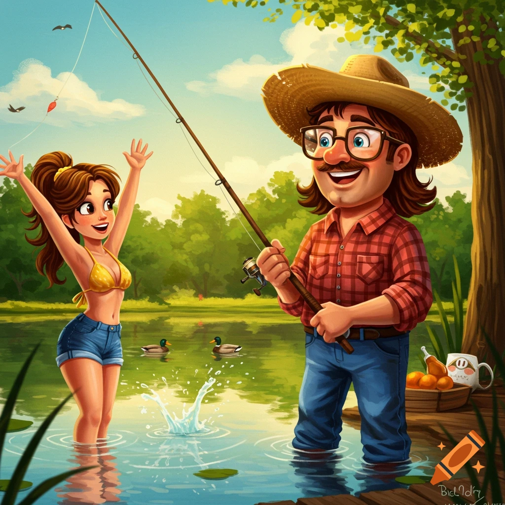 Cartoon illustration of a man and woman fishing by a lake, she is cheering.