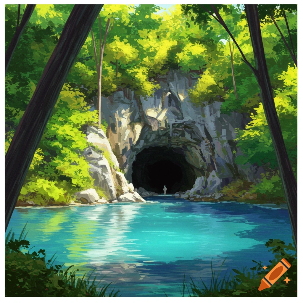 Illustrative painting of a cave entrance next to a bright blue lake, surrounded by green trees, with a small person figure visible in the distance.