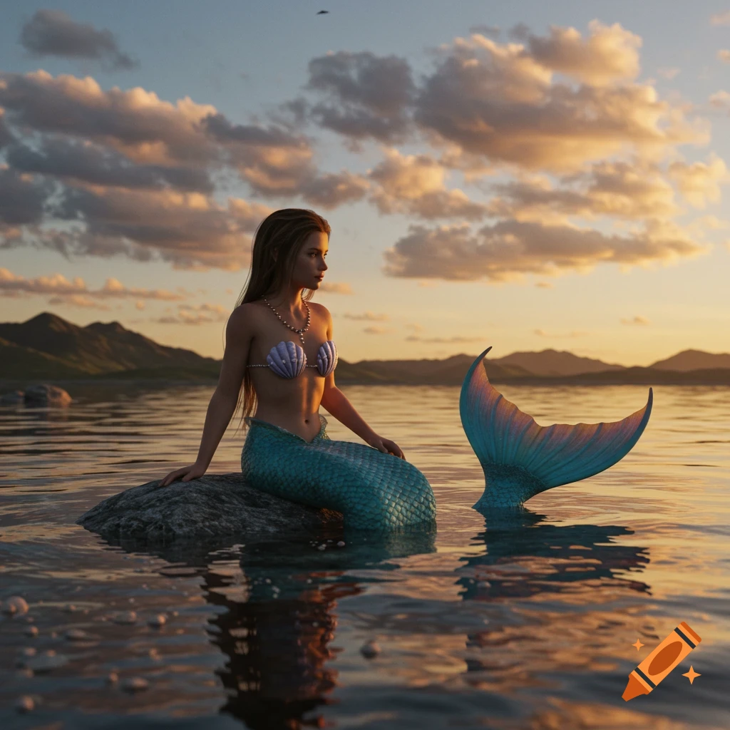 A mermaid sits on a rock in the water at sunset with mountains in the background, photorealistic style.