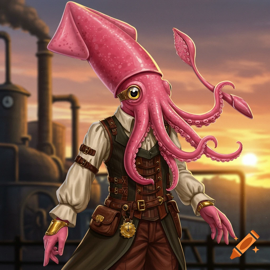 A humanoid pink squid character wears a steampunk outfit in an industrial setting at sunset.