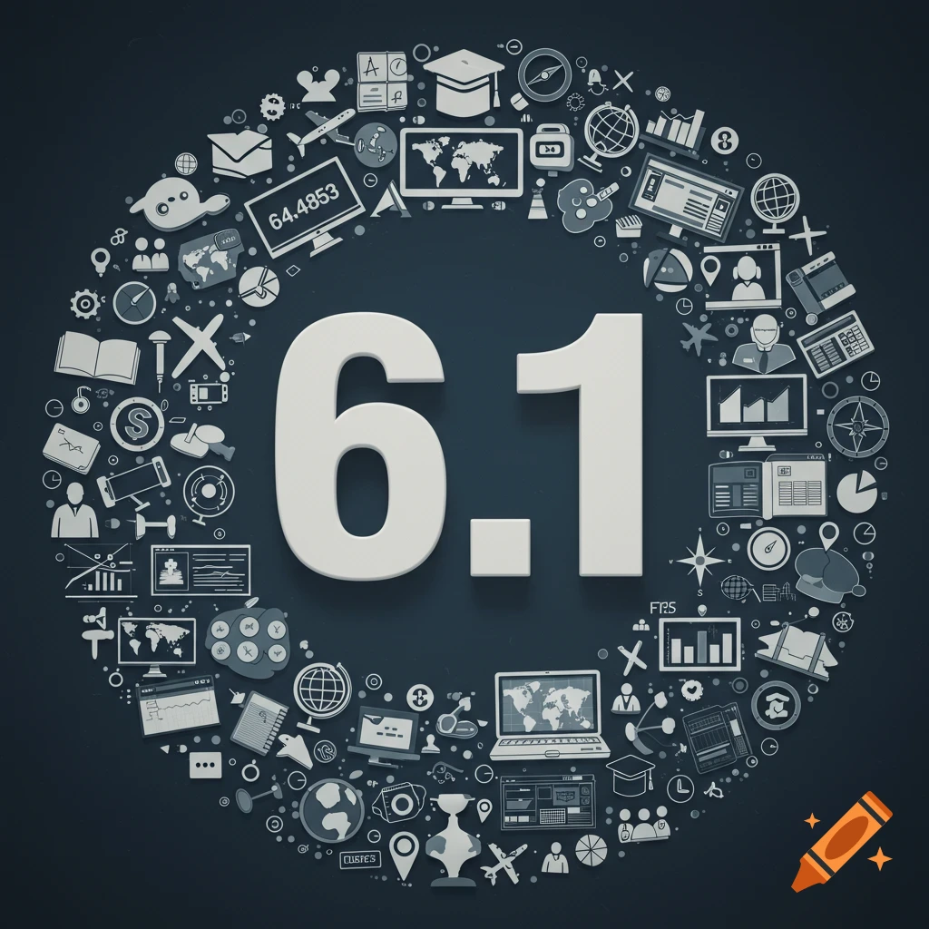 Graphic showing the numbers 6.1 encircled by icons related to education, technology, and business.
