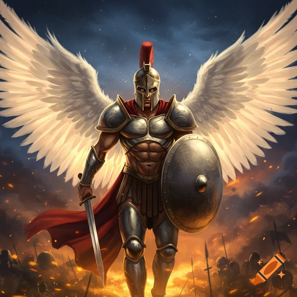 A powerful winged warrior in spartan armor stands on a battlefield holding a sword and shield.