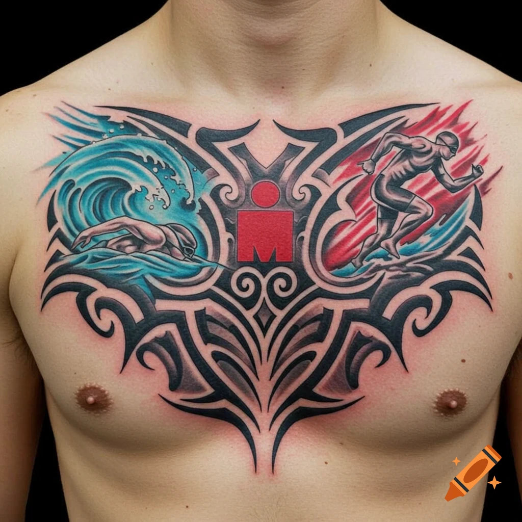 Iron Man triathlon tattoo featuring tribal run bike swim