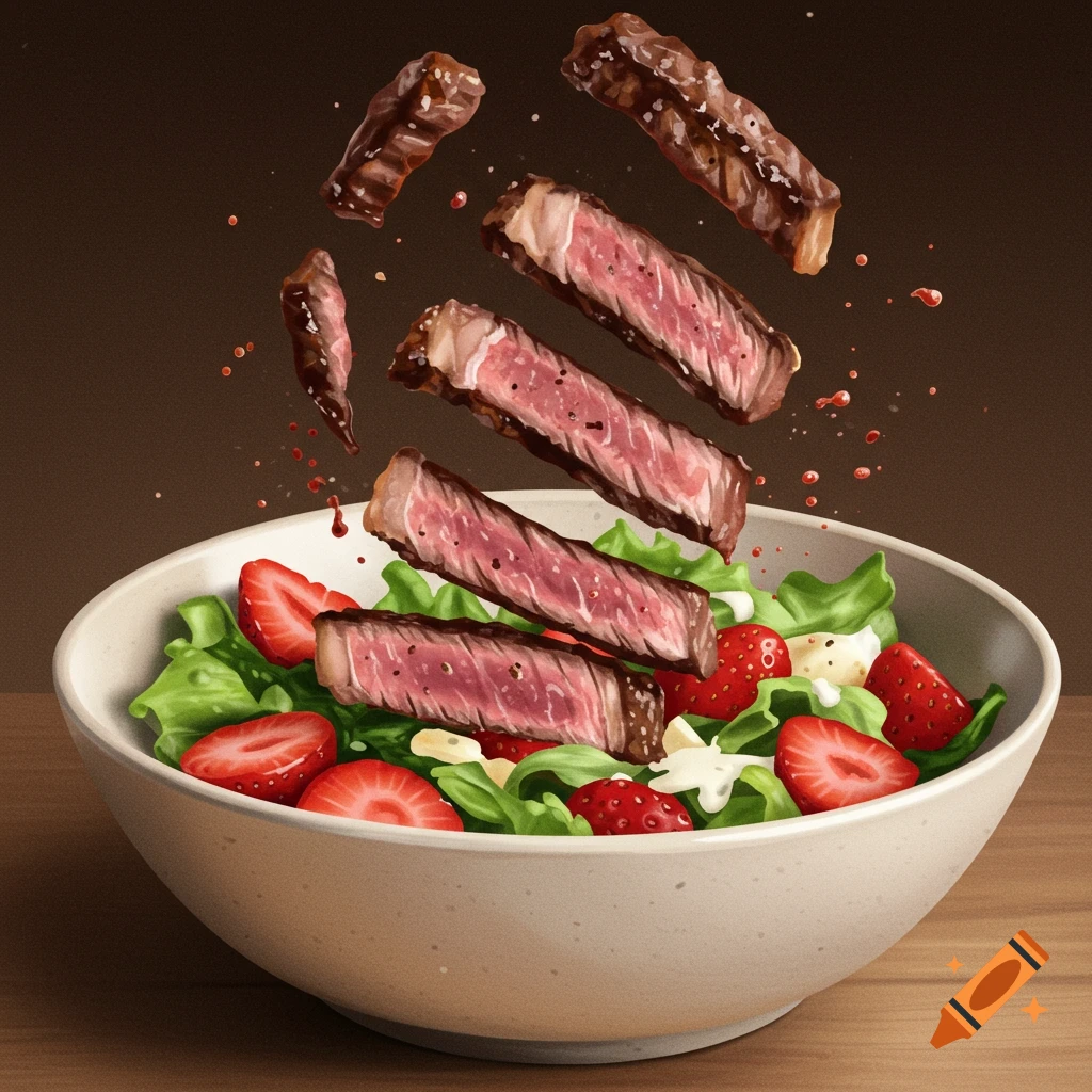 New York strip steak with strawberry salad in a bowl