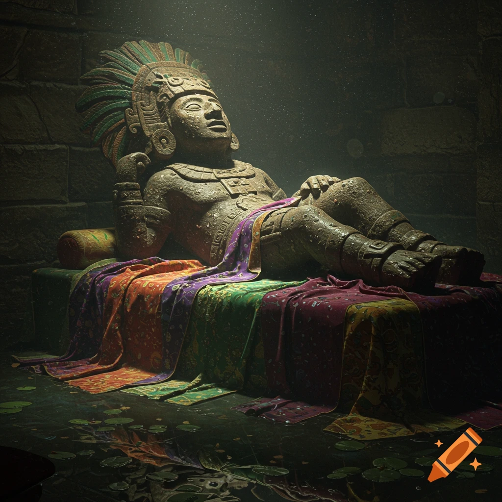 Statue of the Mayan god Chac Mool laying on a wet bed